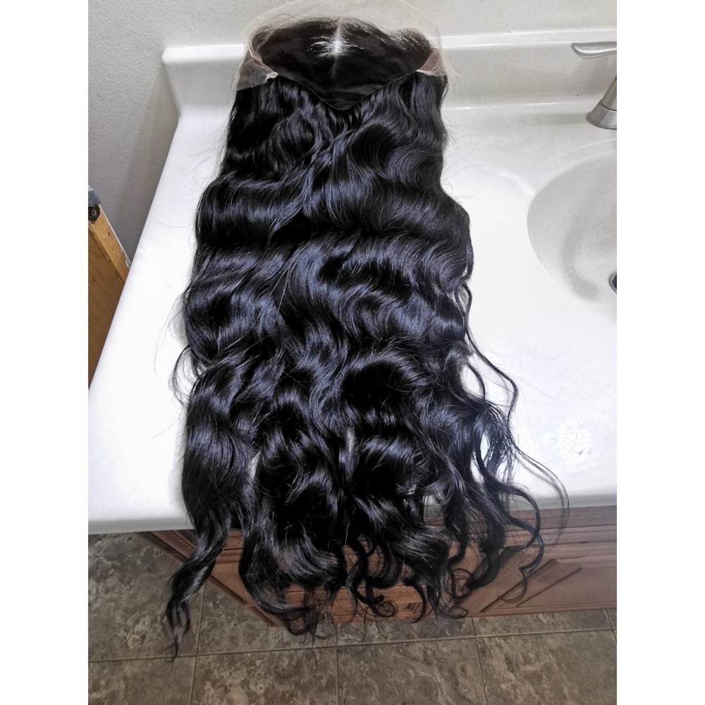 300 Density 1B Light Wave Lace Raw Human Hair Glueless Wig 28in Natural Black
